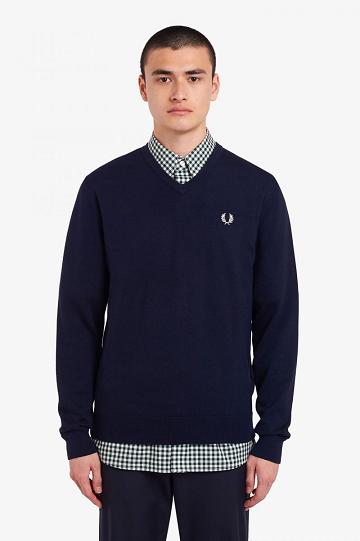 Navy Fred Perry Classic V Neck Jumper Men's Knitwear | PH 1293VRWD